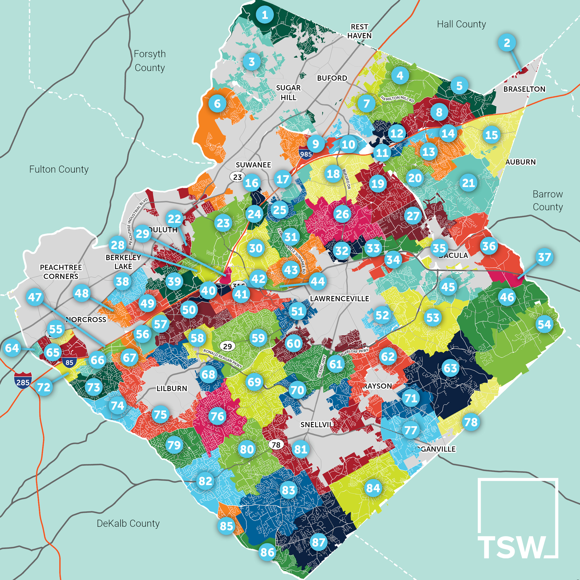 2045 Gwinnett County Unified Plan Recap - A map of the communities within the study area.